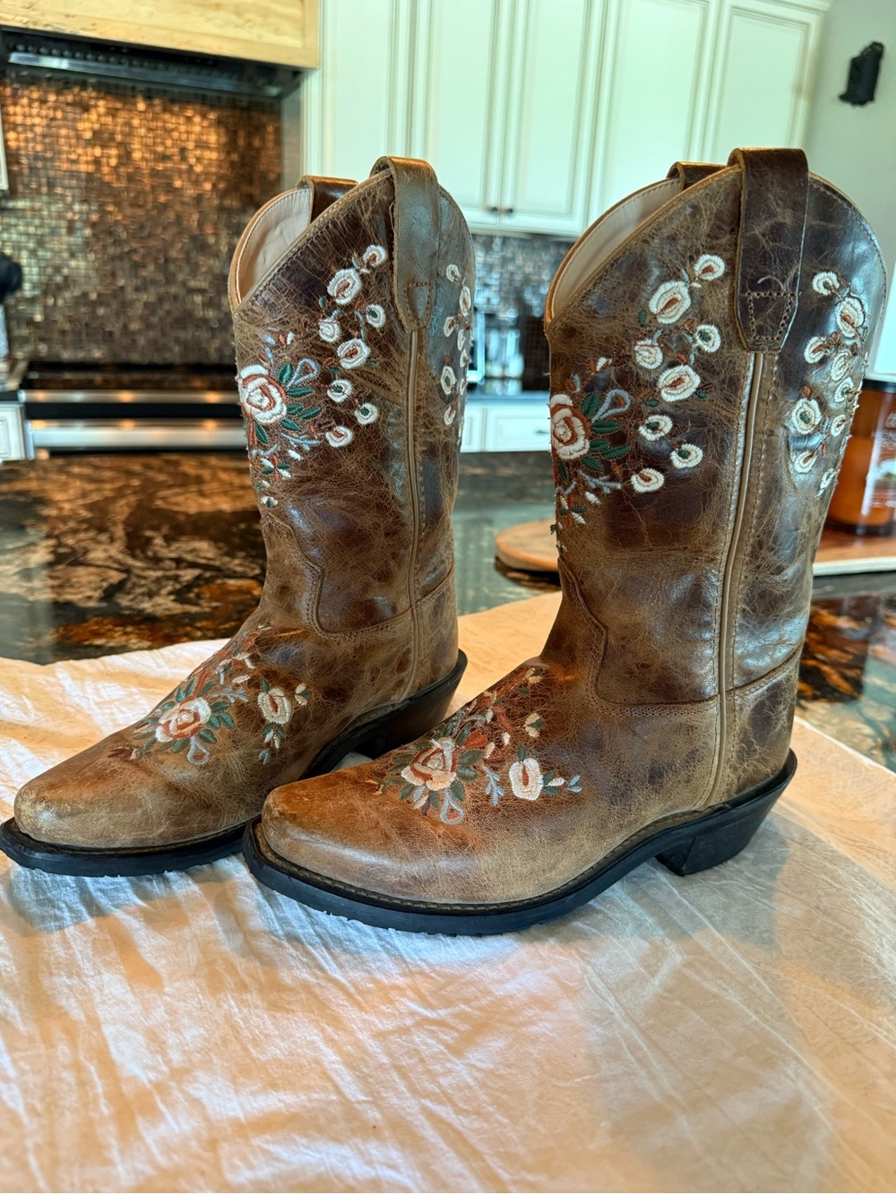 Shyanne Brown Leather Lace-Up Western Boots with Floral Embroidery